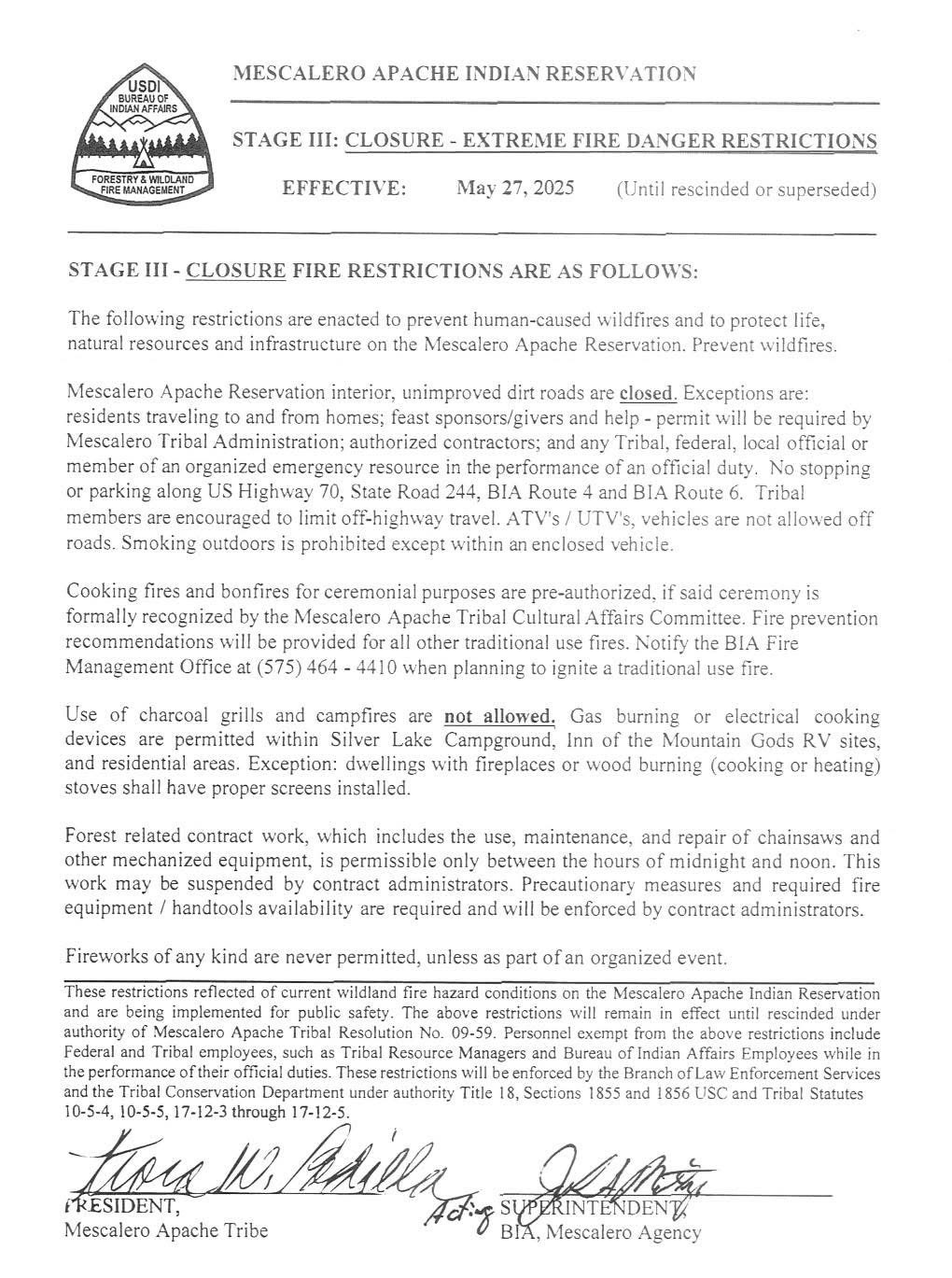 Mescalero Apache Reservation Enacts Stage 3 Fire Restrictions