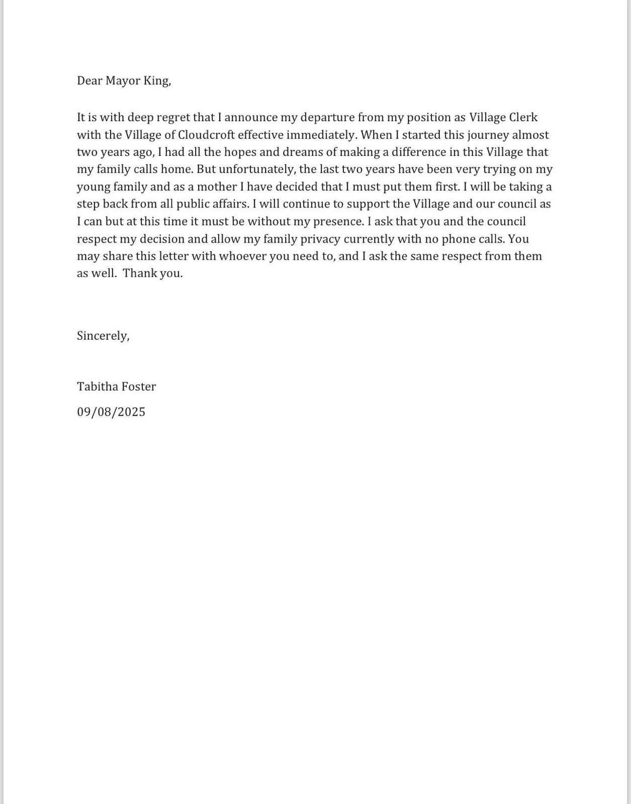 Cloudcroft Village Clerk Resigns  Citing a Need for Time With Family