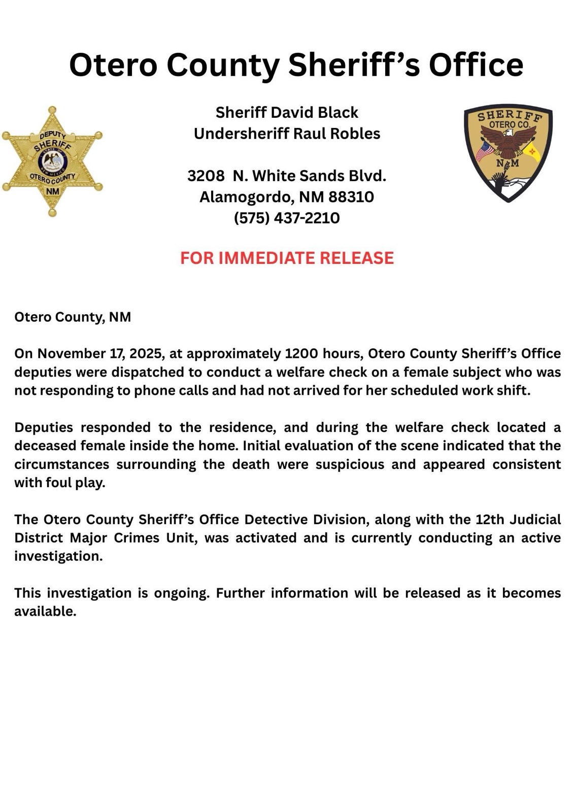 Suspicious Death Reported to Otero County Sheriff’s Department Prompts Major Crimes Investigation