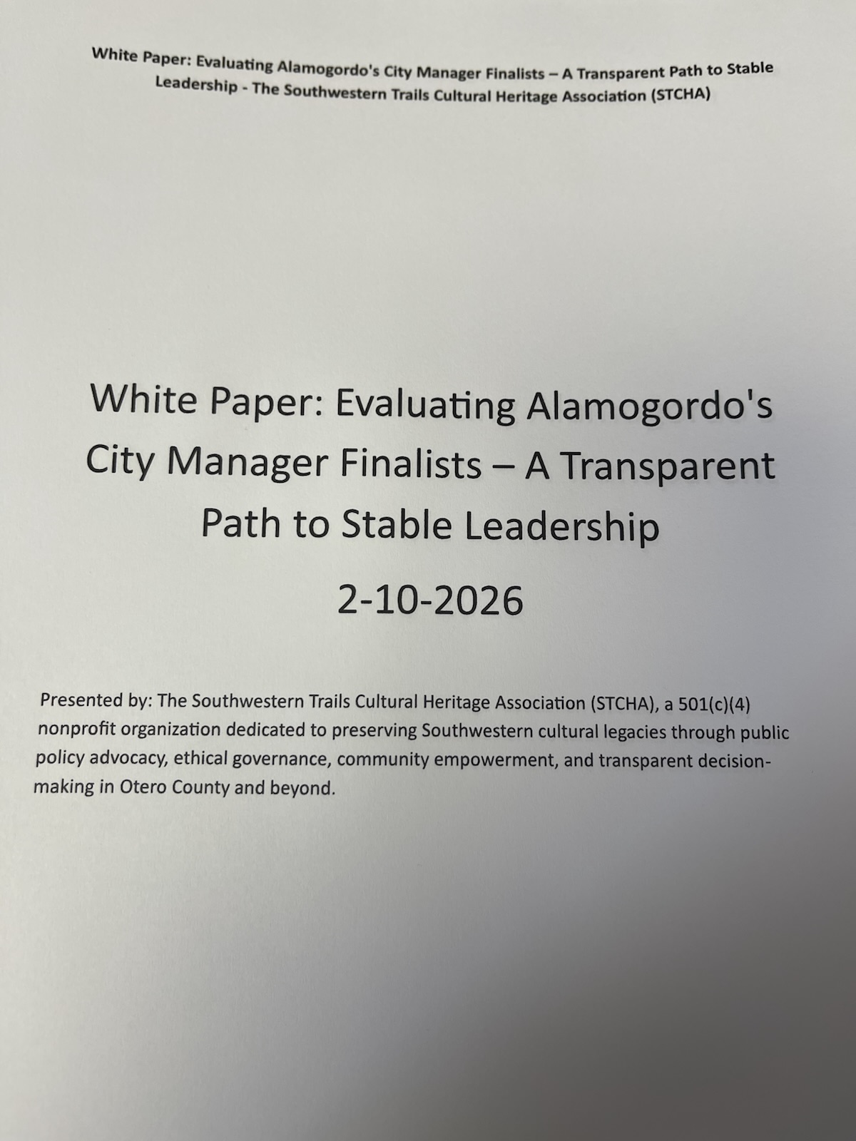 STCHA Submits Independent White Paper to Alamogordo City Commission: In-Depth Analysis of City Manager Finalists with Pros, Cons, Methodology, and Alignment with Organizational Mission for Transparent, Stable Leadership