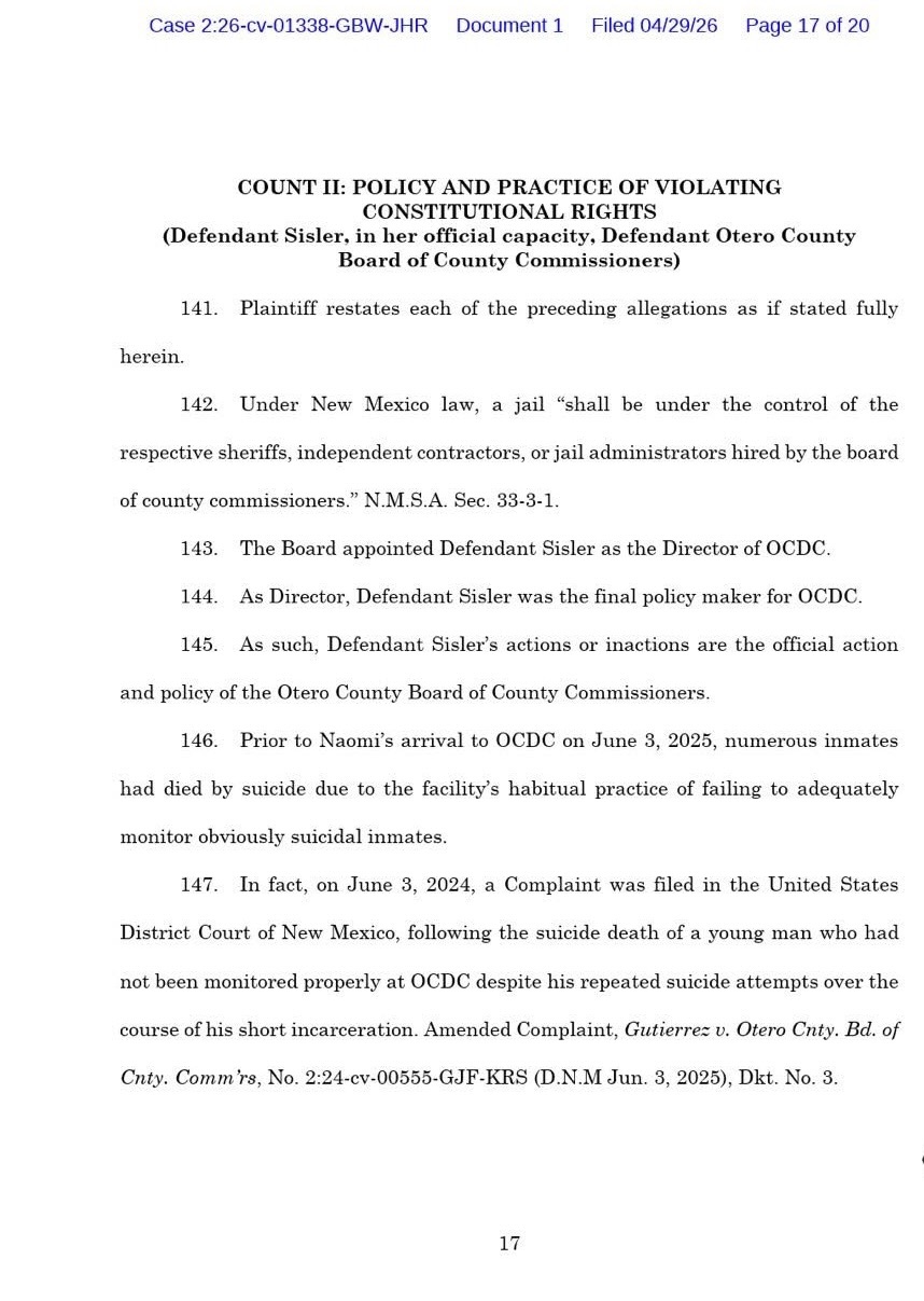 Otero County Faces Yet Another Federal Civil Rights Lawsuit Over Alleged Failures in Mental Health Care and Suicide Prevention at Detention Center