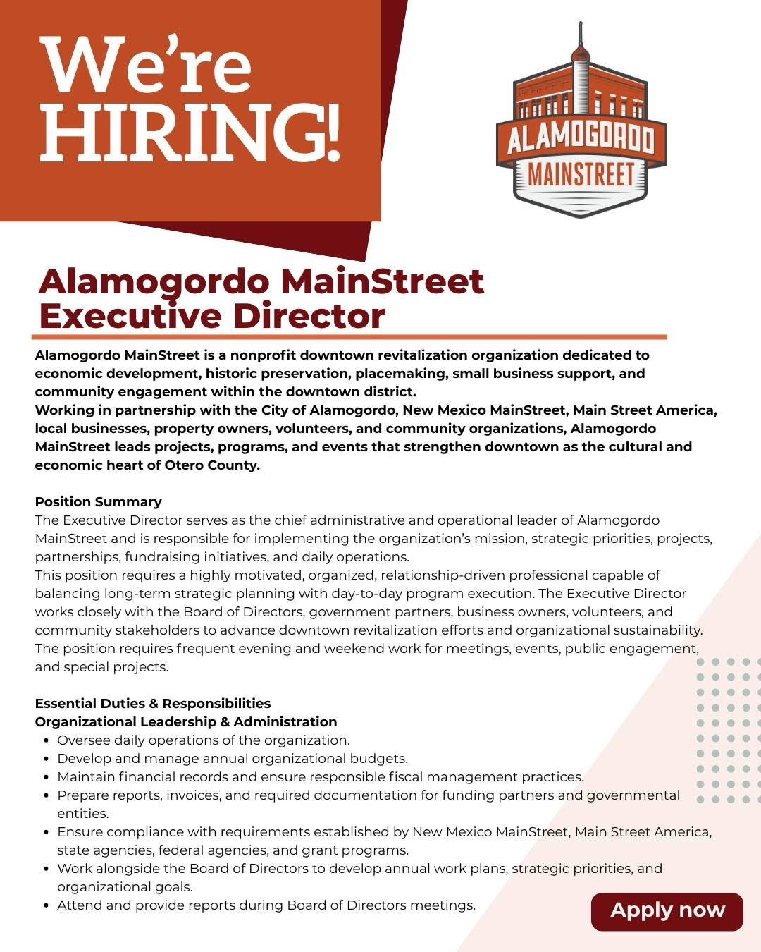 Alamogordo MainStreet Celebrates Downtown Success and Seeks New Executive Director to Expand Momentum