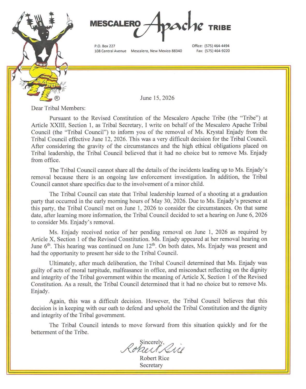 Mescalero Apache Tribe Removes Council Member Krystal Enjady Effective June 12, 2026, Citing Moral Turpitude and Misconduct