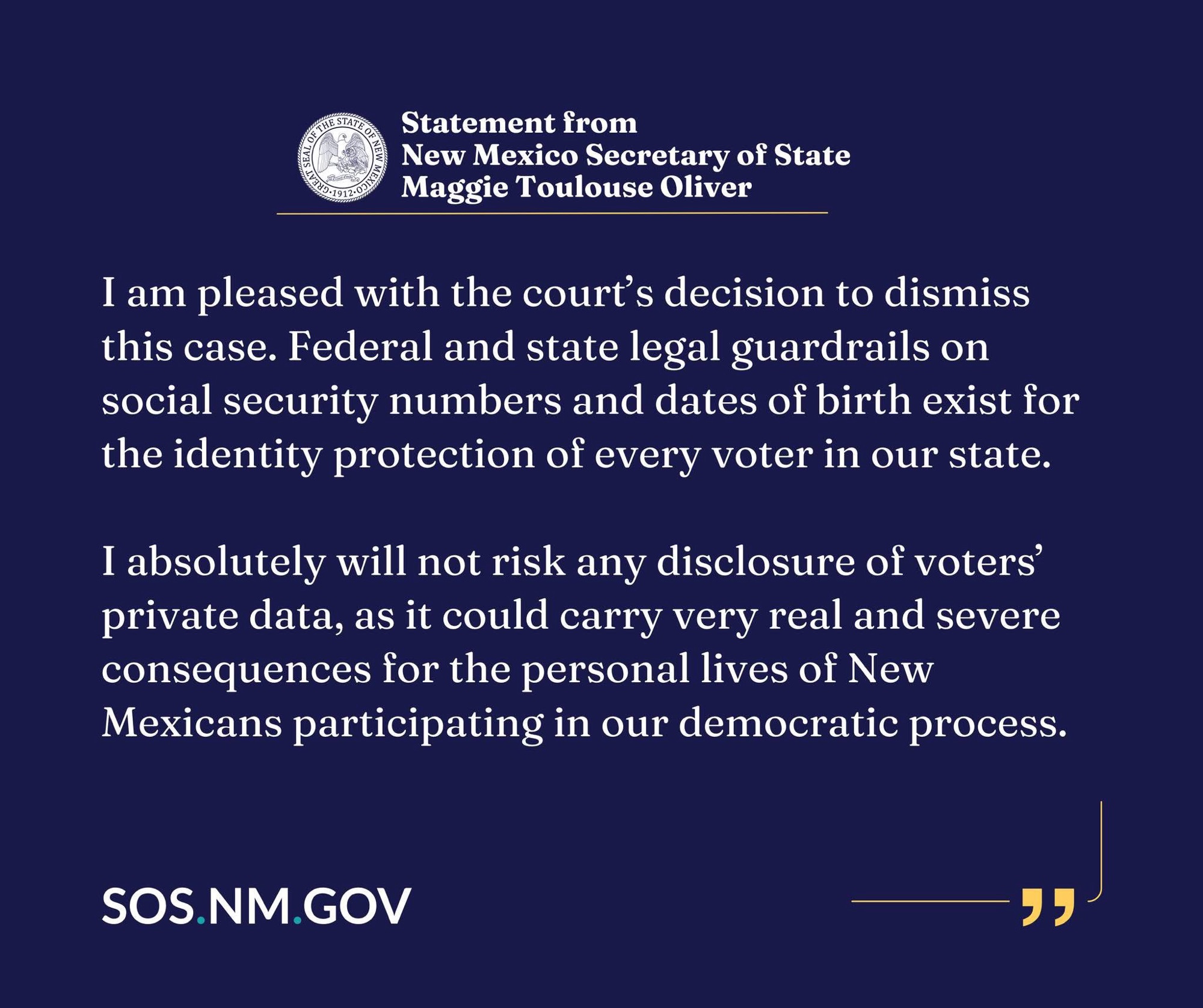 Federal Judge Dismisses DOJ Lawsuit Seeking New Mexicans’ Private Voter Data