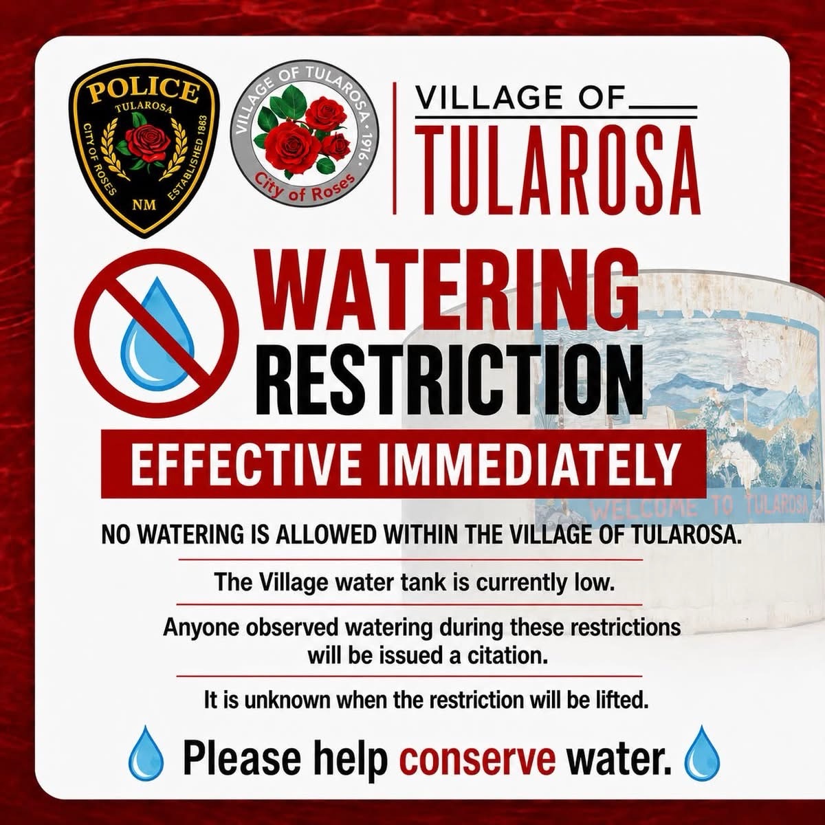 CRISIS: Tularosa Declares Emergency Water Shortage — Complete Watering Ban Enacted