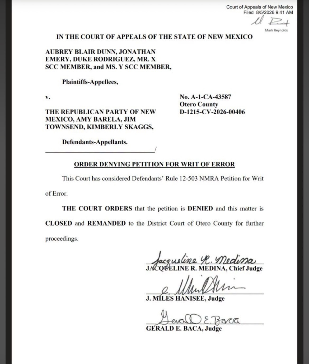 Court of Appeals Denies Republican Party’s Final Appeal in Barela Leadership Dispute