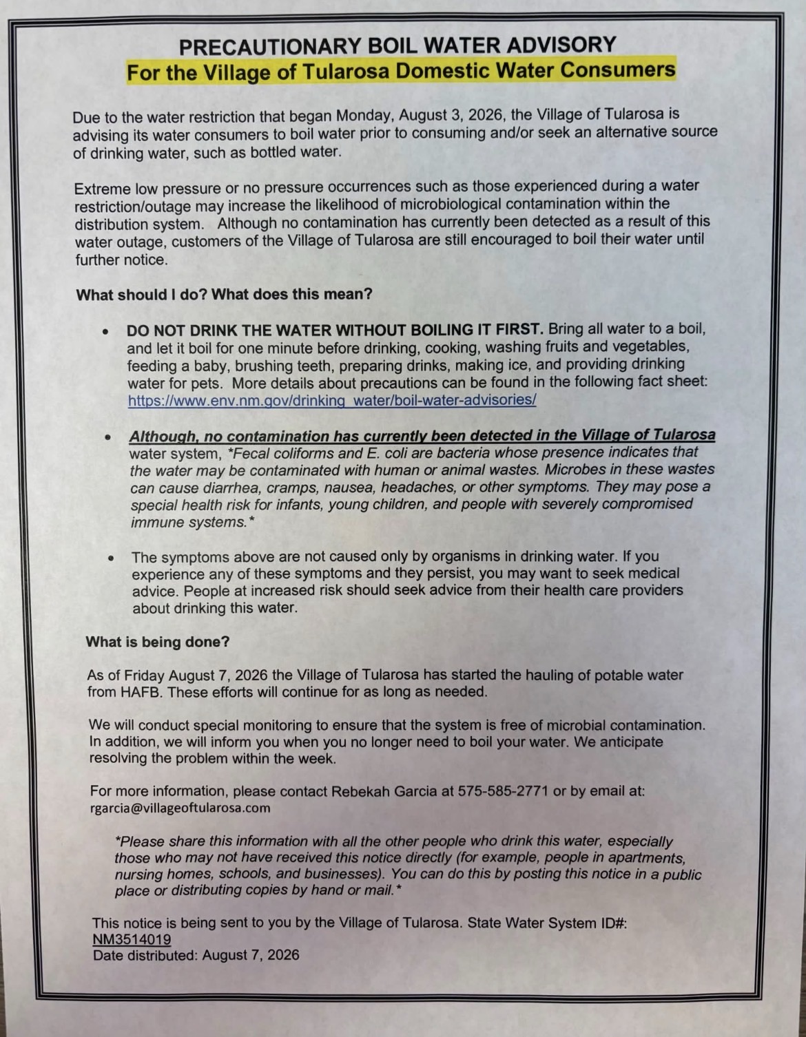 Tularosa Activates Emergency Water Distribution; No Contamination Detected Boil Water Advisory Precautionary Not Contamination Detected