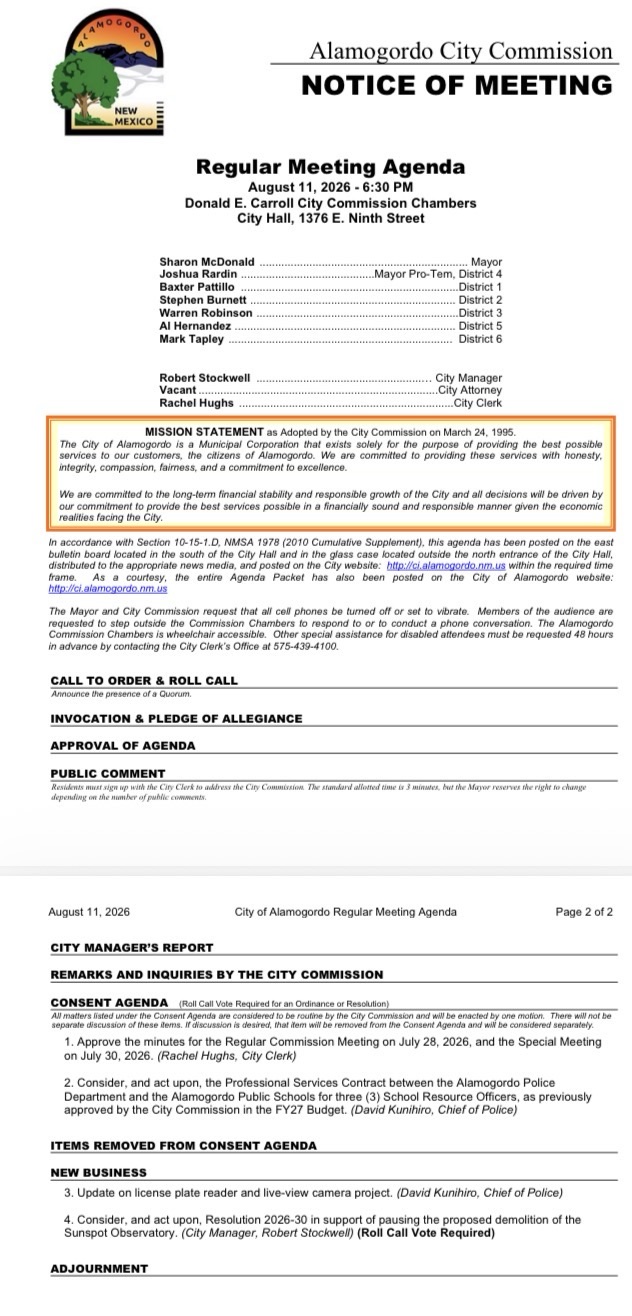 Alamogordo City Commission Meeting Tuesday 630 pm Focuses on Flock Public Safety Technology, School Security, and Sunspot Preservation