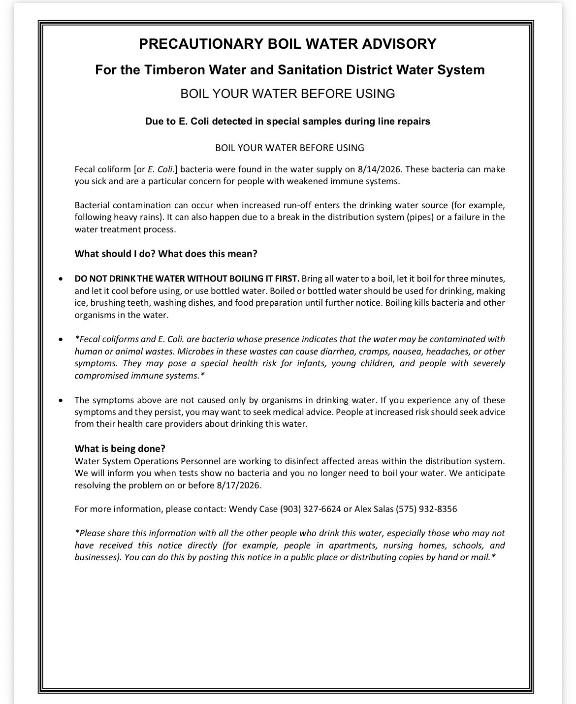 Aug 14th thru 17th, 2026 MANDATORY BOIL WATER ADVISORY ISSUED FOR TIMBERON WATER DISTRICT