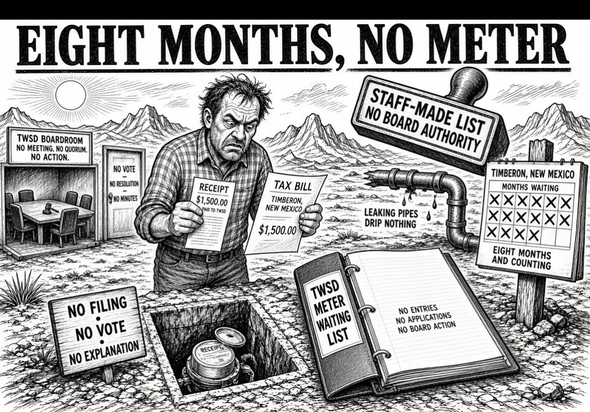 Eight Months, No Meter: Timberon’s Waiting List Has No Filing, No Vote, and No Explanation