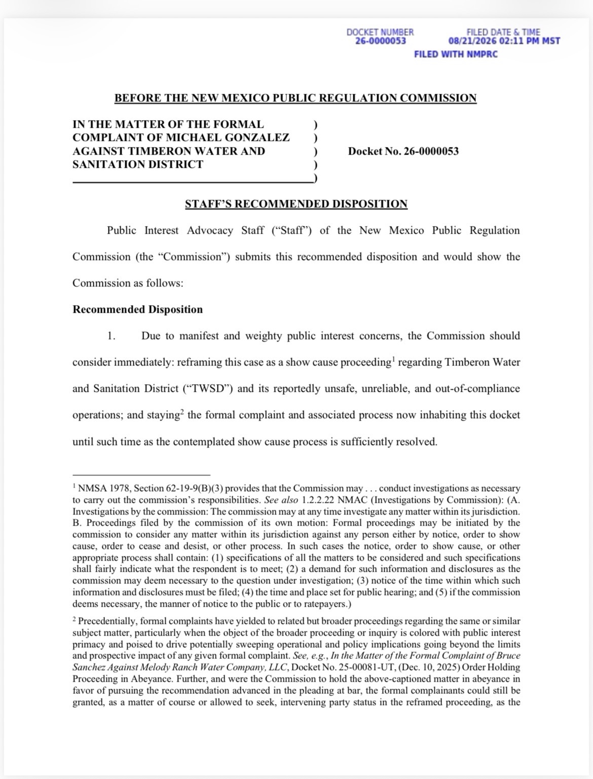 The Burden Shifts: PRC Staff Escalates Timberon Water District to Show-Cause Proceeding