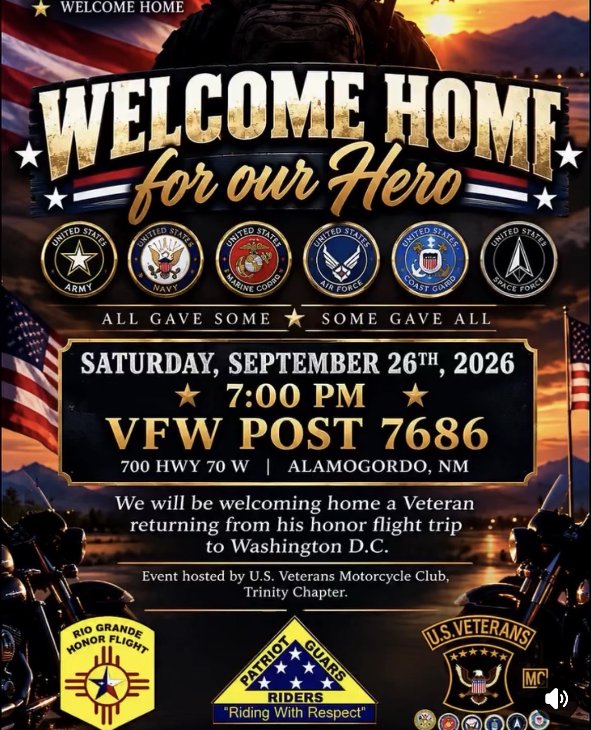 Save the Date: Alamogordo to Welcome Home Honor Flight Veteran September 26th at VFW Post 7686